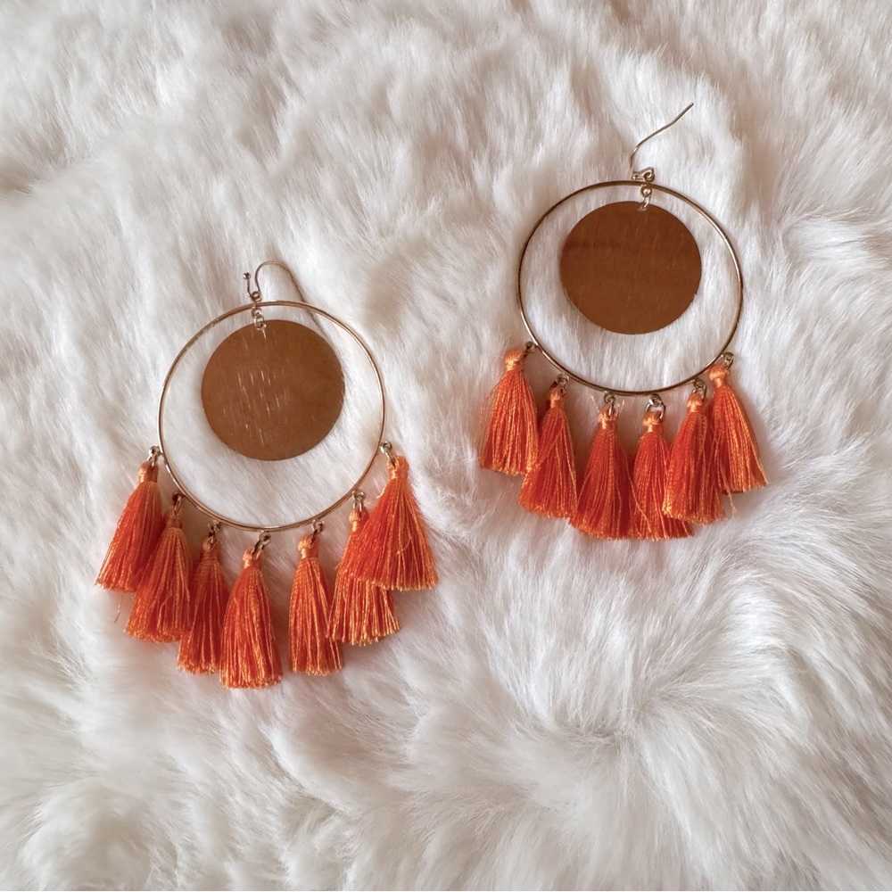 Orange and Gold Tassel Hoop Earrings